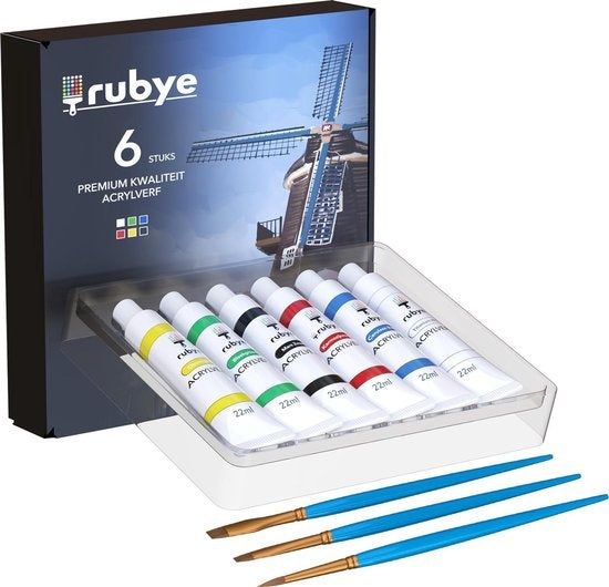Rubye® Acrylic Painting - Peinture - Pinceaux - Hobby and Creative - Painting by Number - 22ML Tubes - 6 Couleurs