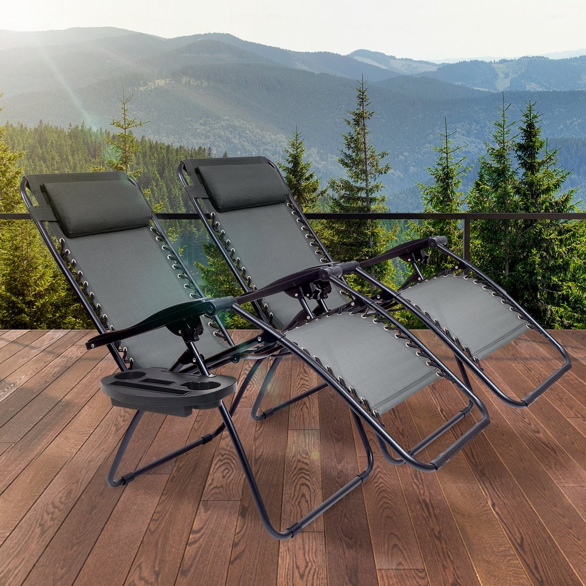 LifeGoods Chaises de jardin pliables - parasol réglable - 2 pièces - 30°-90° réglable - métal - gris foncé