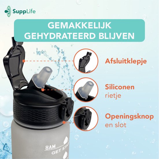 Gourde motivante Supplife - Gourde de 600 ml - Gourde avec repères horaires - Avec paille - Adultes - Enfants - Blanc et noir