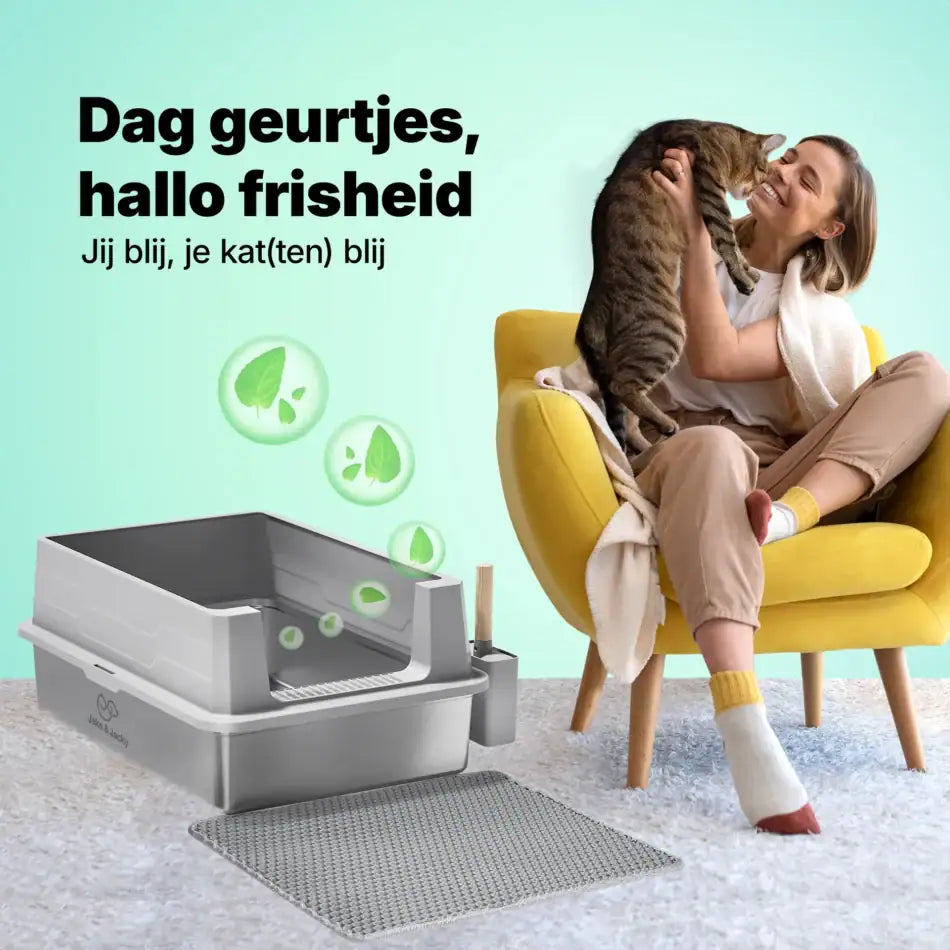 Bac à litière ouvert Jake & Jacky en acier inoxydable XXL - pour grands chats - avec pelle à litière, support et tapis de protection contre les projections