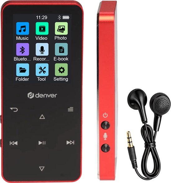 Lecteur MP3/MP4 Denver - Bluetooth - Lecture aléatoire/Répétition - Carte SD jusqu'à 128 Go - Écouteurs inclus - Dictaphone - MP1830R - Rouge