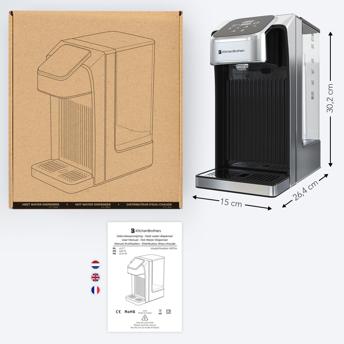 Distributeur d’eau chaude instantanée - KitchenBrothers - 2,7 L - Écran tactile LED - Température réglable 40 à 100°C - Acier inoxydable/Noir