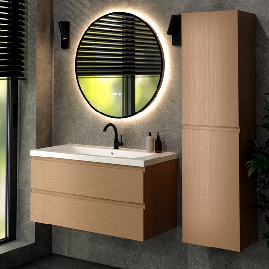 Meuble de salle de bains Mirlux en chêne clair 100 cm - Lavabo blanc - Ensemble de meubles de salle de bains - Meuble-lavabo en chêne clair
