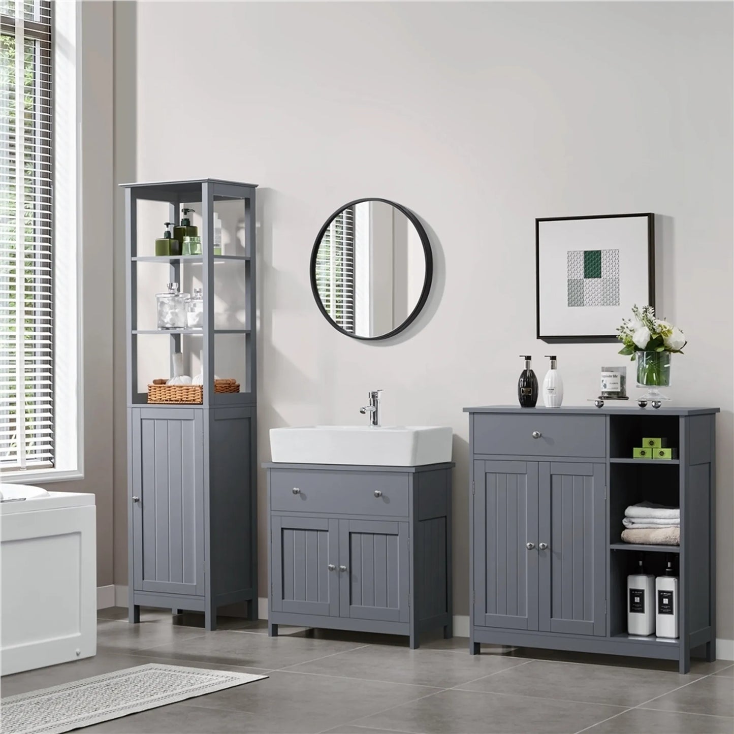 Yaheetech Meuble bas avec tiroir et deux compartiments - équipé d'une découpe pour siphon, d'un revêtement hydrofuge et de ferrures - pour salle de bains de style rustique - Mdf gris foncé et métal - 60 x 30 x 60 cm
