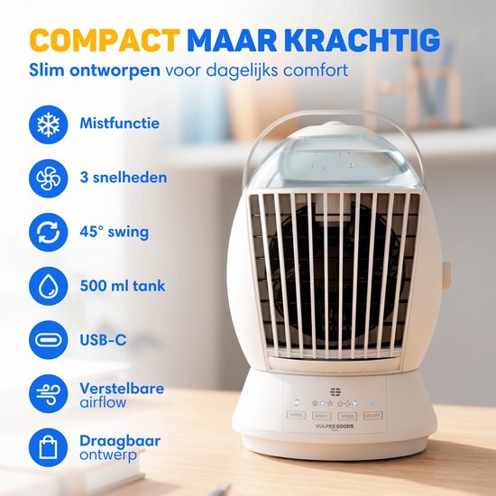 Vulpes Goods® Tech - Mini climatiseur ELITE - Refroidisseur d'air mobile avec télécommande - Refroidisseur d'air 6 en 1 - 3 modes d'humidification avec fonction oscillante - 3 vitesses de ventilation - 100 % anti-fuites - Câble et adaptateur fournis - Pou