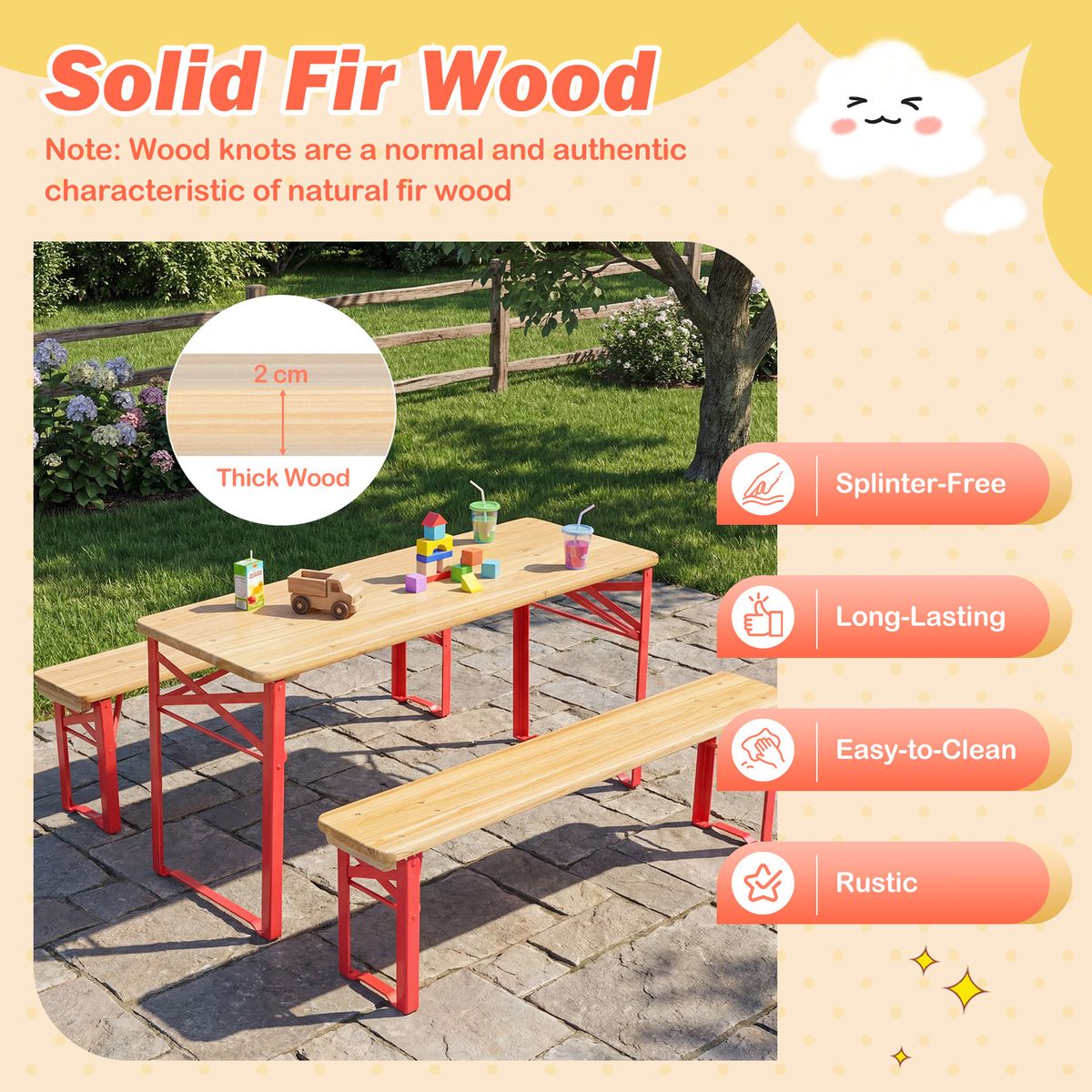 Ensemble de pique-nique pour enfants Coast - table de pique-nique pliable avec 2 bancs - bois de sapin et métal - rouge