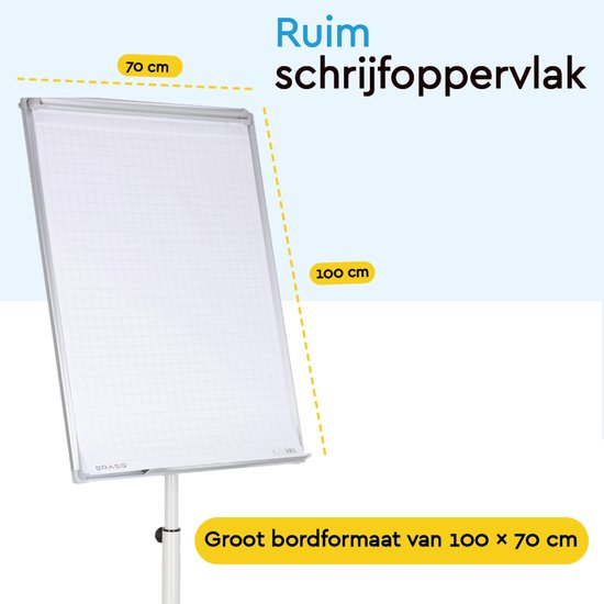 BRASQ Flipchart Mobile Deluxe - 70x100 cm - Tableau blanc ajustable - 25 feuilles de papier et accessoires inclus - avec bras extensibles - Tableau magnétique avec crochets - Tableau magnétique - Blanc
