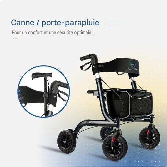 Déambulateur SafeLife - réglable, pliable et avec fonction d'assise - capacité de charge de 137 kg - 70 x 61 x 95 cm - noir