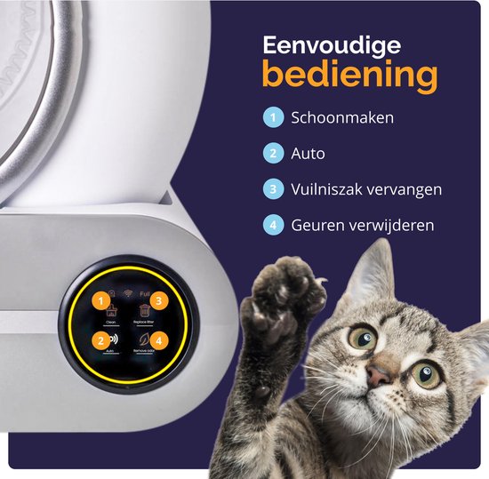 Litière automatique pour chat Viervoeter – Autonettoyante – Contrôle via une application – avec tapis et 3 rouleaux de sacs de ramassage – 65 L