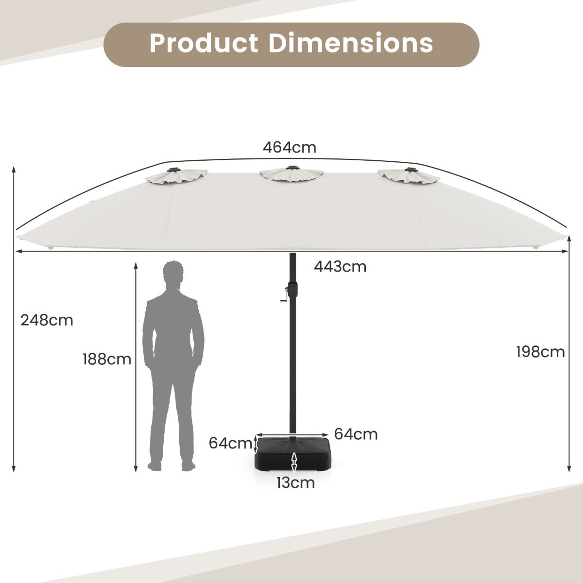 Parasol double Coast - socle métallique stable - 12 baleines - beige