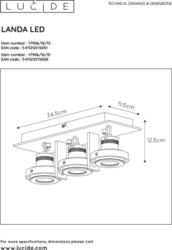 Spot de plafond Lucide LANDA - LED à intensité variable, lumière chaude - GU10 - 3x5 W 3000 K/2200 K - Chrome mat