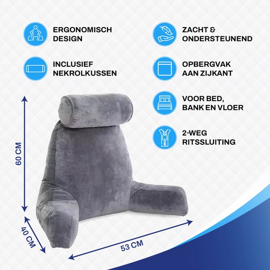 Coussin de lecture Sleeptight, coussin ergonomique pour le dos – Équipé d'un coussin cervical amovible, d'une poche de rangement pratique et d'un rembourrage en mousse indéformable – Pour le lit et le canapé – Tissu gris – 53 cm de long, 60 cm de large et