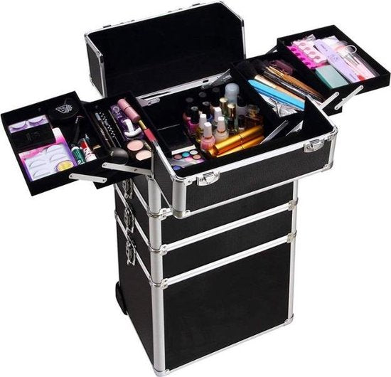 DMV - valise de maquillage - valise de maquillage - chariot de maquillage - valise de coiffure - valise de beauté - valise de cosmétiques - avec roulettes - noir - 26 x 35 x 70cm