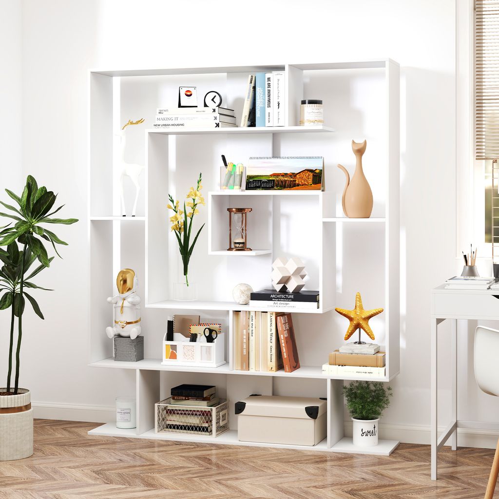 Coast Stylish 7-Layer Bookcase 125 x 22 x 150 cm - White with Geometric Design and Anti-Tilt Protection (Bibliothèque élégante à 7 niveaux 125 x 22 x 150 cm - Blanc avec design géométrique et protection anti-basculement)