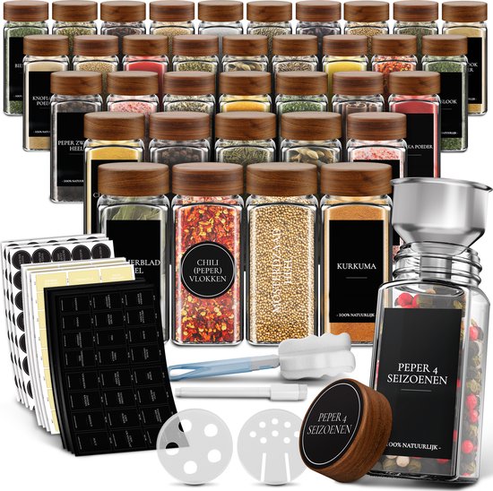 Soothe 36 pots à épices carrés en verre avec couvercle en acacia - 2 types de couvercles - Diffuseur d'épices - Pots à épices - Set complet avec autocollants pour épices, bâton de craie et accessoires - 120ml
