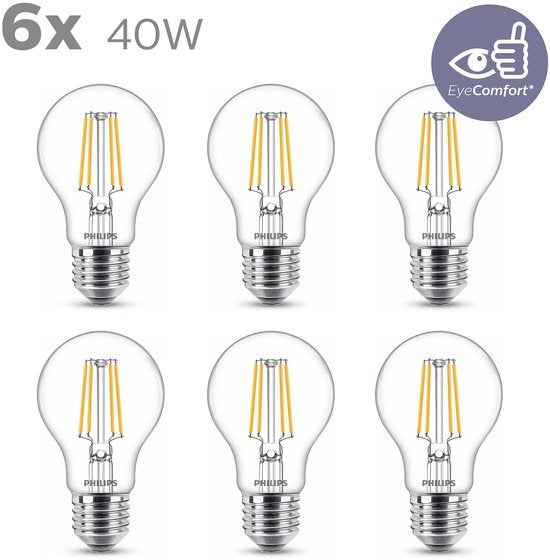Ampoule LED Philips - Forme standard avec culot E27 - Lumière blanc chaud : 2700 K - 40 W - Verre transparent - Lot de 6