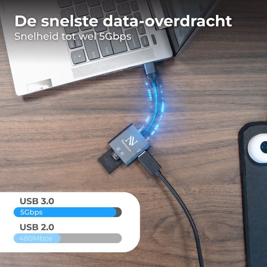 Lecteur de cartes SD Nuvance - Lecteur de cartes SD - 3 en 1 - Lecteur de cartes SD - USB-C et USB-A - Lecteur de cartes micro SD - Carte TF