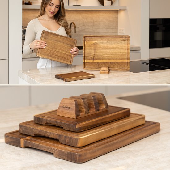 Deleca 3-Piece Cutting Board Set Seville with Holder - Planches à découper (40x30 | 33x24 | 26x18 cm) - Pour la cuisine, planche à servir, planche à fromage, planche à boire, planche à découper et planche à tapas - Bois d'acacia FSC