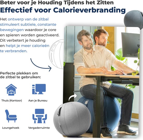 Backerz Sitting Ball 75 CM - Ballon d'assise avec housse en lin - Chaise ergonomique pour le bureau et la maison - Ballon de yoga de luxe - Gris clair