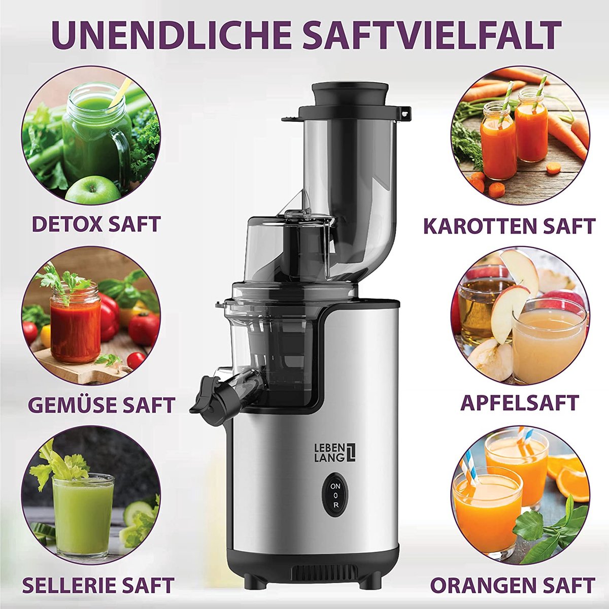 LEBENLANG Slow Juicer 45x35x25 cm - Gris - Presse-fruits et légumes sans BPA, presse-agrumes en céramique, presse-agrumes électrique pour céleri, carottes et smoothies