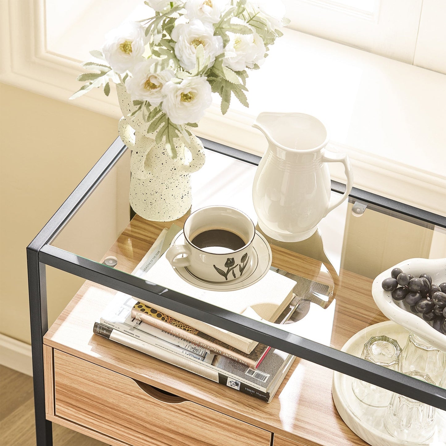 SoBuy Table d'appoint avec plateau en verre - Avec 2 tiroirs - Max. 40 kg - 81 x 35 x 78 cm - Bois/ Fer