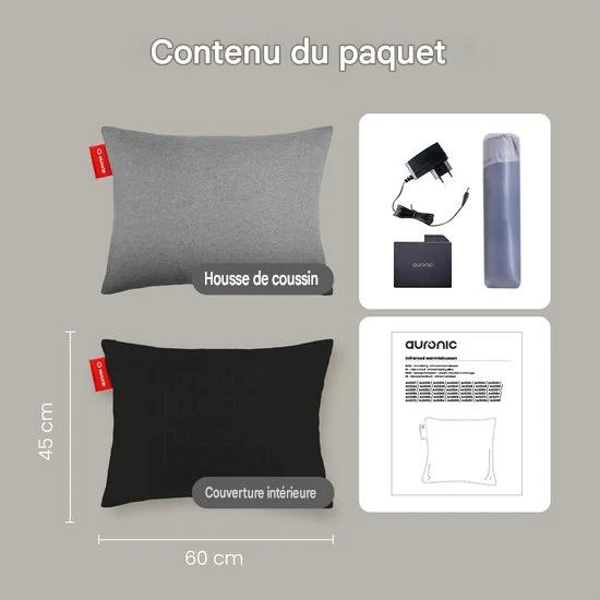 Auronic Oreiller chauffant classique - 45x60 - Sans fil - Rechargeable - Oreiller électrique - Infrarouge - Gris