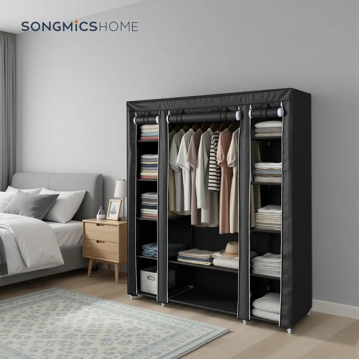 Armoire JOYFURNOS 150 x 45 x 175 cm - Noir - 12 étagères et tringle à vêtements - Rangement pour vêtements en tissu