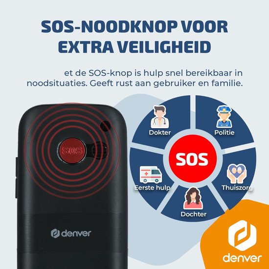 Téléphone portable Denver pour seniors 4G - Grandes touches - Bouton SOS - Grandir sans smartphone - Station de recharge - GSM - Bluetooth - Radio FM - Entièrement en néerlandais et en français - Modèle 2026 - BAS18800L