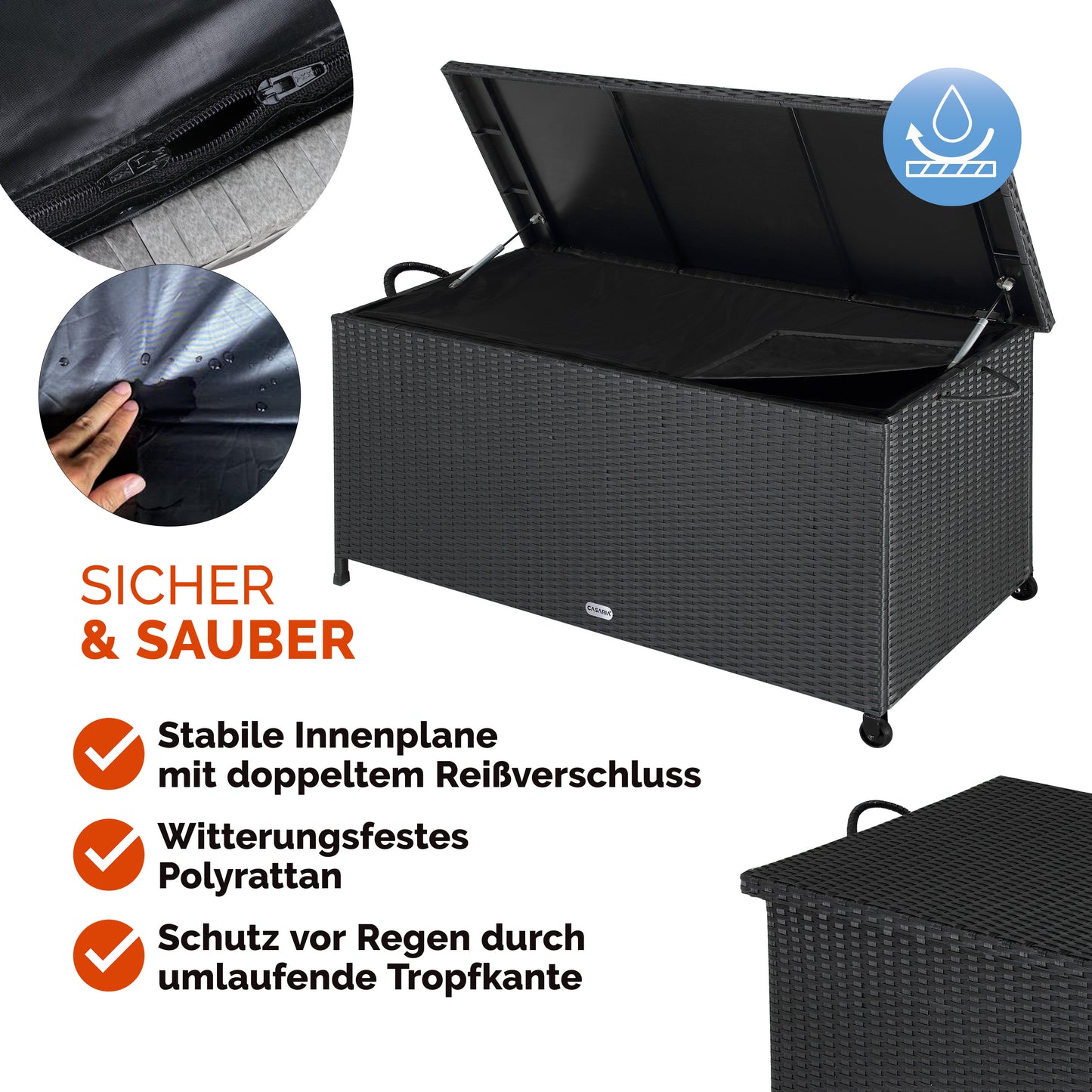 Casaria Polyrotan Cushion Box - équipé de deux ressorts à gaz, d'un revêtement intérieur imperméable et de deux roulettes - pour coussins d'assise et accessoires de jardin - acier laqué noir - cent dix-sept centimètres de long, cinquante-trois centimètres