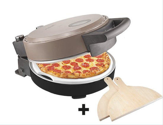 Bestron Turbo Pizza oven pour une pizza en 5-10 minutes, four à pizza électrique avec une température maximale réelle de 320°C, comprend une pierre à pizza et 2 grandes spatules en bois, Satin Collection, couleur : Beige