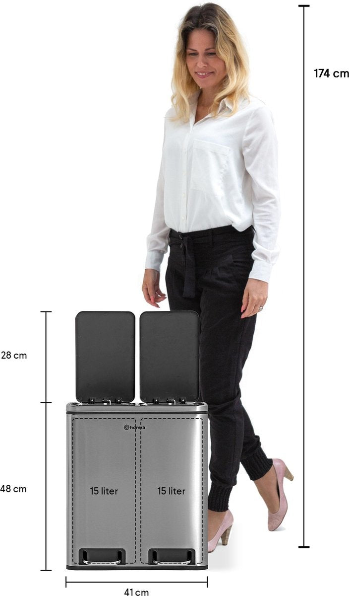 Poubelle de tri sélectif avec 2 compartiments - Homra BLINQ - 2 x 15 L - acier inoxydable