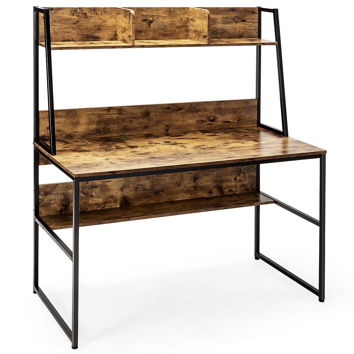 Coast Desk with Shelf - 120x57x140 cm - Coffee - Table d'ordinateur en bois et métal avec bibliothèque ouverte et repose-pieds réglables