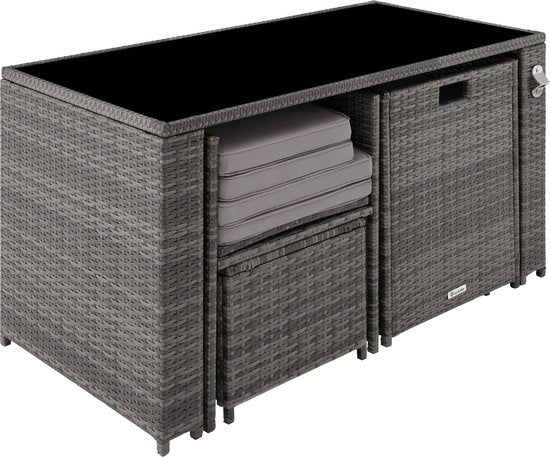 tectake® - ensemble de sièges en osier, salon de jardin 5 pièces avec table, fauteuil et tabouret, ensemble de salle à manger pour 4 personnes, meubles de jardin et de balcon avec coussins - gris - poly-rattan