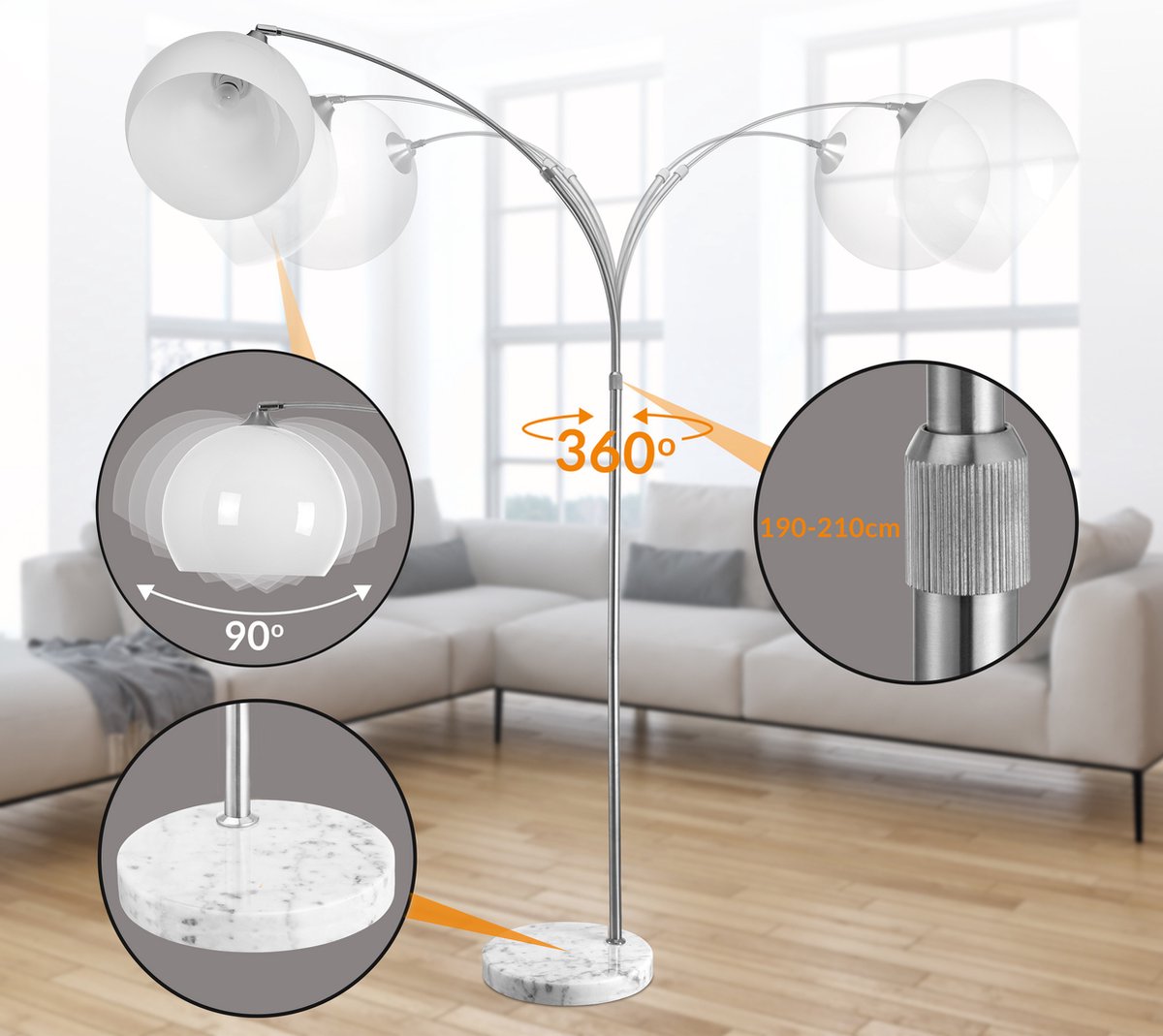 Monzana Retro Design Arc Lamp - Lampadaire - Ajustable 190-210 cm - Opal White - Silver