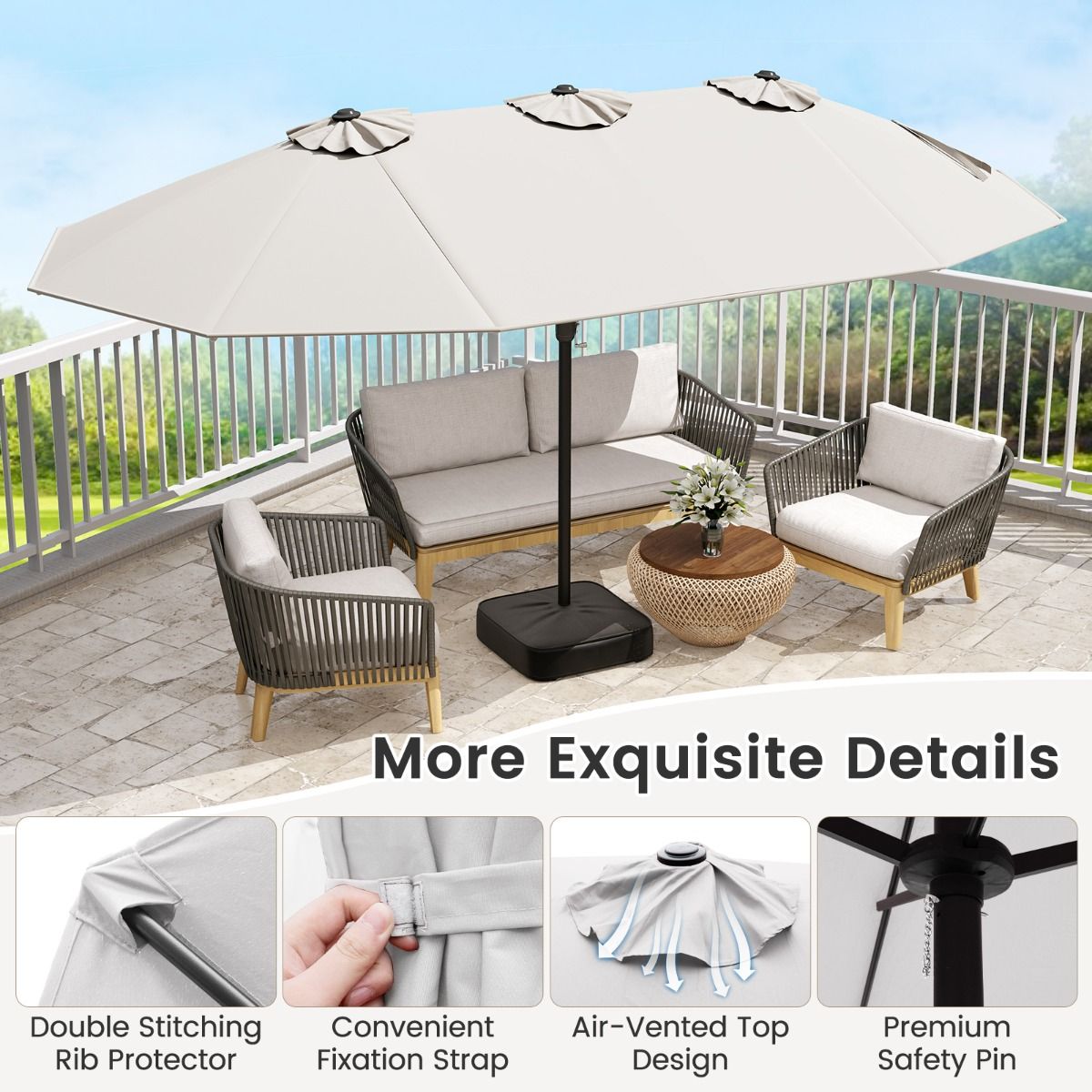 Coast Double Terrace Parasol 464x286 cm Beige - Grand parasol d'extérieur avec 12 poutres en métal, base stable et sacs de poids