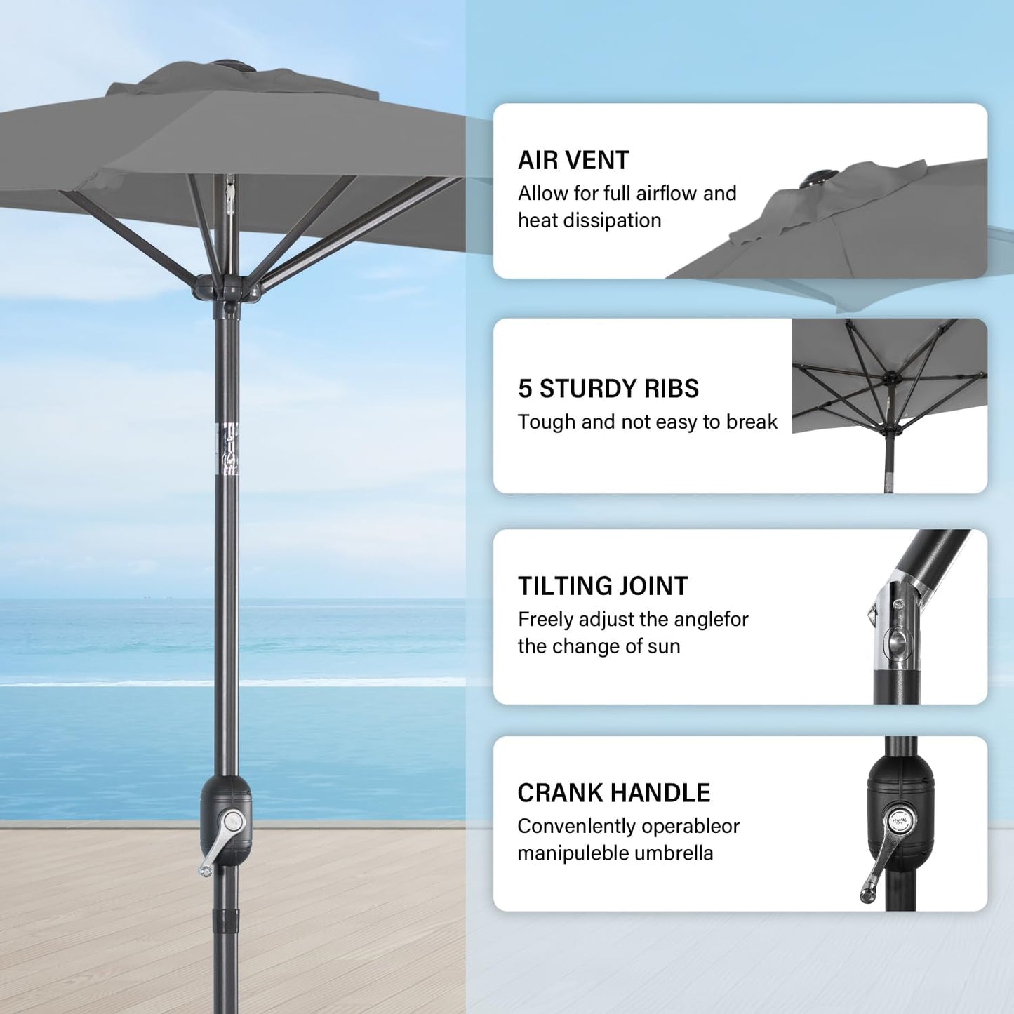 Angel Living Parasol de balcon - Semi-circulaire - 265 x 130 cm - Gris