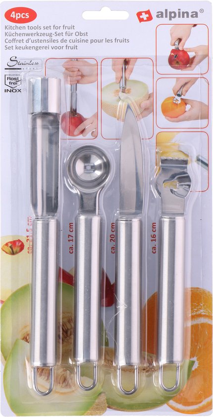 alpina Fruit Cutting Set - Set of 4 Pieces - Peeler/ Fruit slicer/ Apple corer/ Melon corer - stainless steel