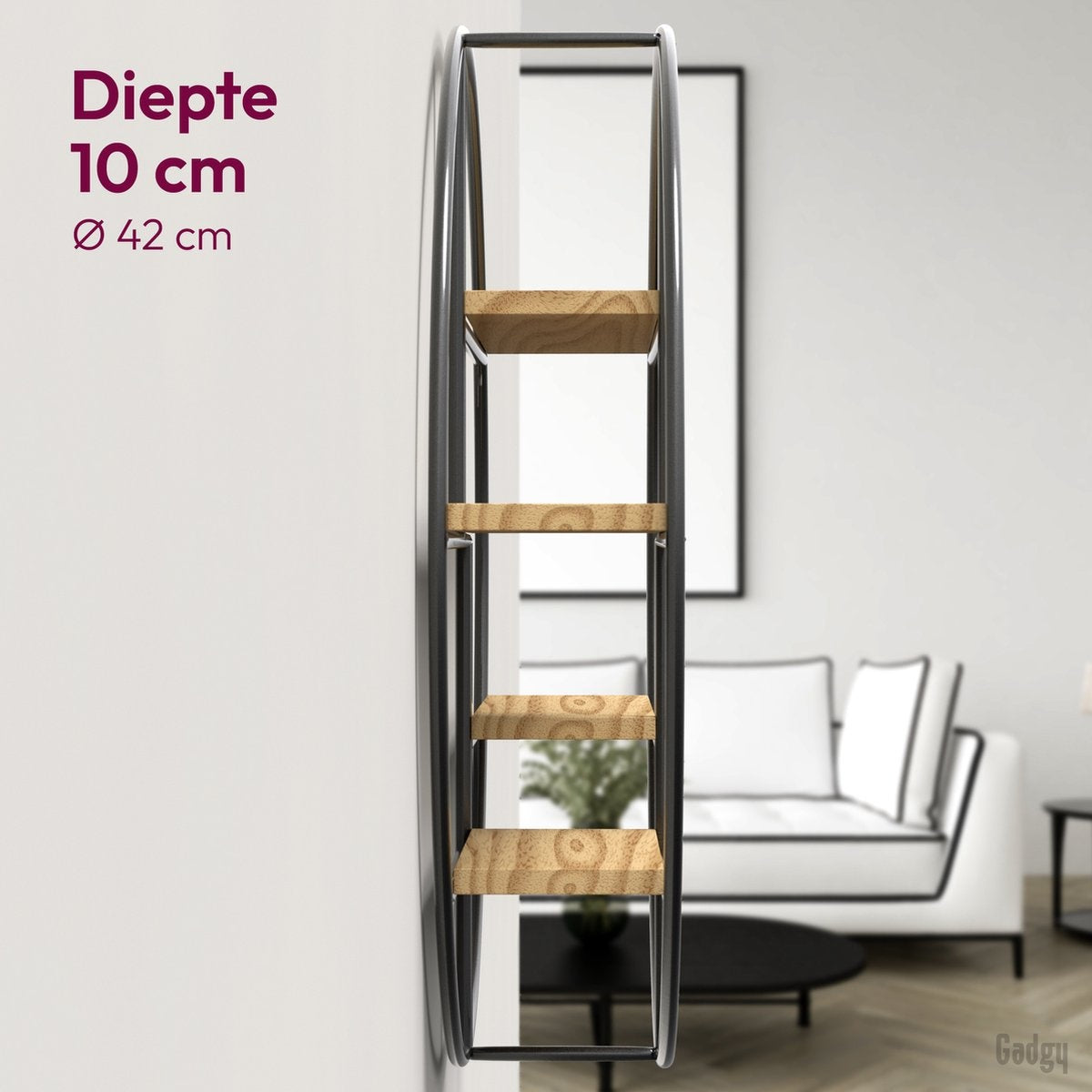 étagère murale - Gadgy - décoration murale salon en bois - Ø 42x10 cm - Métal noir