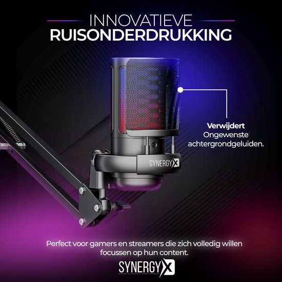 SynergyX SonicFlex Pro Microphone - Microphone de jeu USB avec bras - PC Gaming - Convient pour PC/PS4/PS5 - RGB - Podcast - Gaming - Streaming - Noir