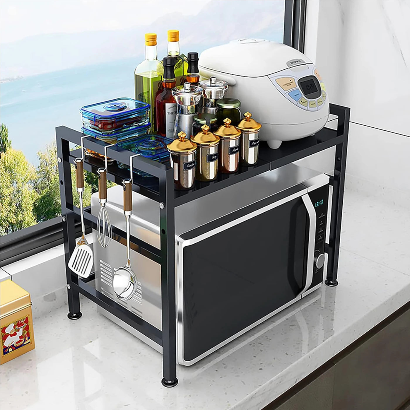 Étagère réglable en forme de H pour micro-ondes SRD - Fer massif - Noir - Rangement de cuisine peu encombrant