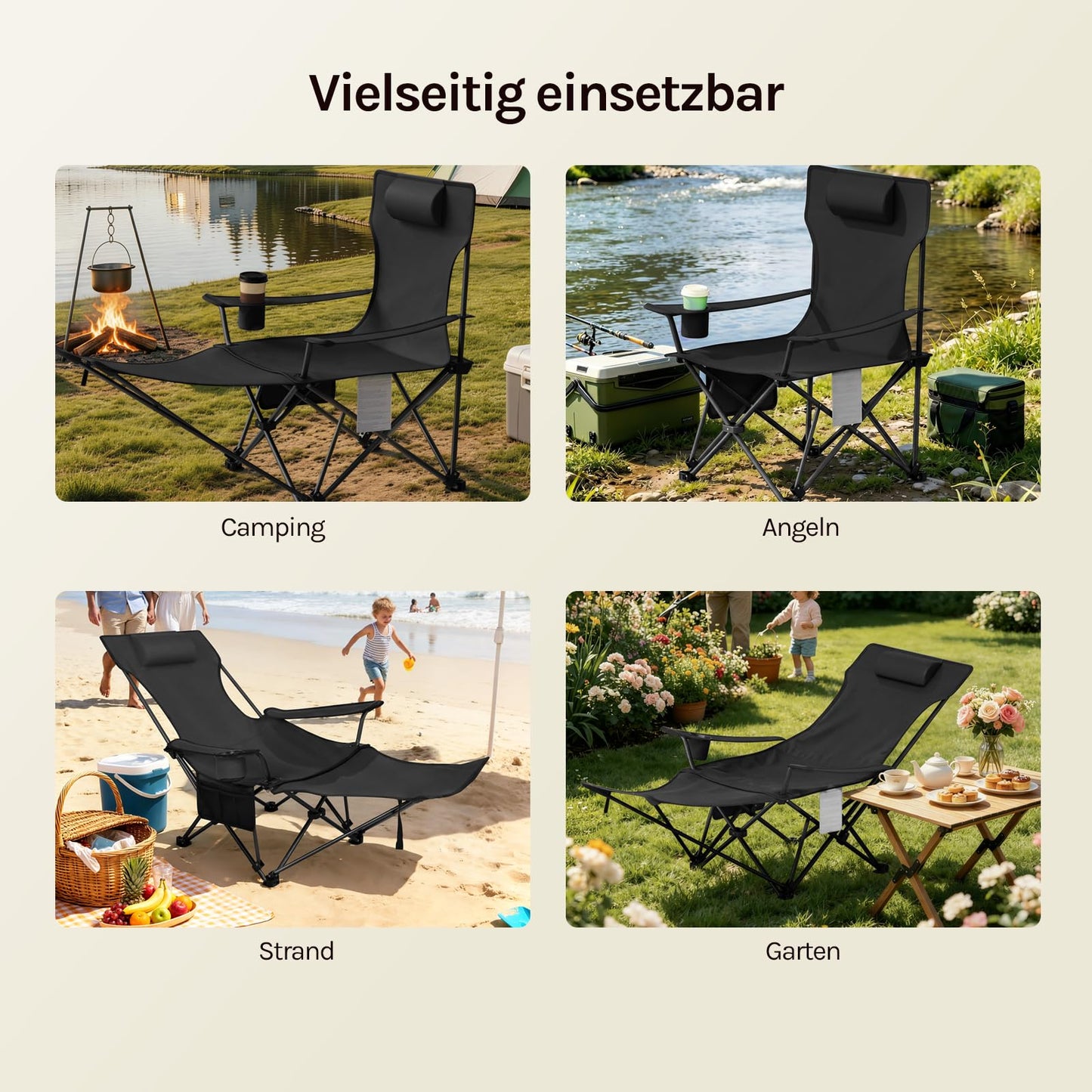 Lot de 2 chaises de camping WOLTU 2-en-1 - chaise de pêche pliable avec repose-pieds - porte-gobelet - gris, noir, bleu