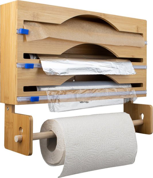 Nimma Roll Holder - Porte-rouleau de cuisine et porte-film en 1 - Système de suspension et coupe-film inclus - Convient pour 3 rouleaux de film - Bambou