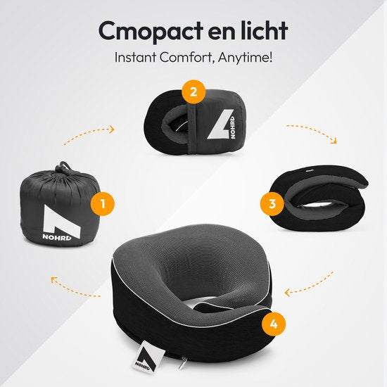 NOHRD Oreiller cervical pour avion - Oreiller de voyage - Noir - Mousse à mémoire de forme - Bouchons d'oreille, masque de sommeil et sac de transport inclus - Mousse à mémoire de forme - Soutien cervical
