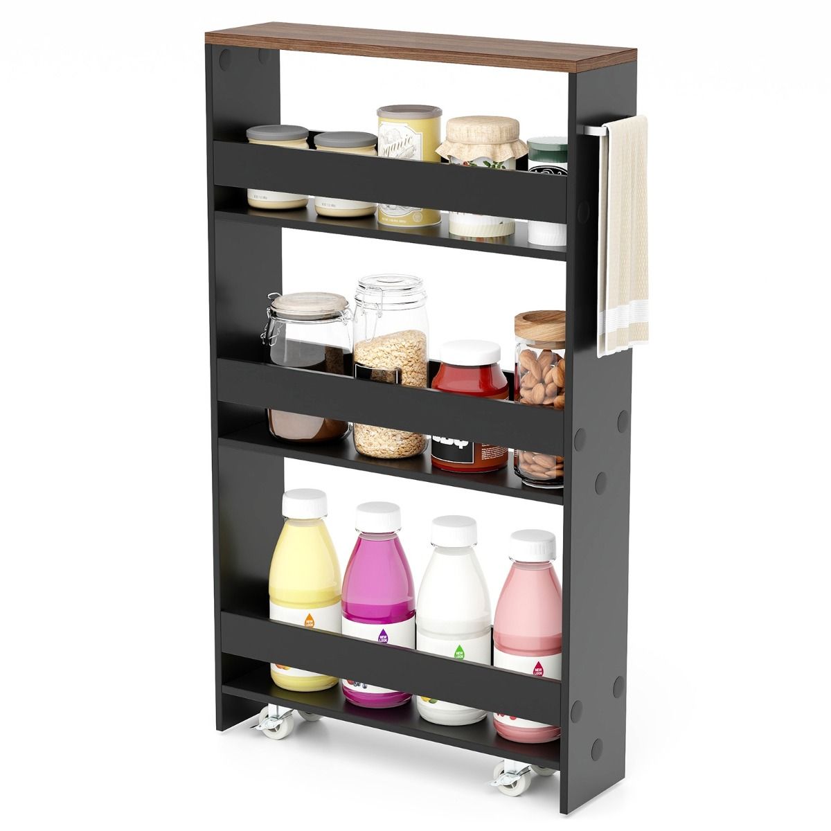 Coast Kitchen Trolley On Wheels - 4-Layer - 47.5 x 13 x 80.5 cm - Black/Nature