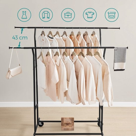 O'DADDY® Kledingrek op wieltjes - Garderoberek - Kledingstang - Verstelbaar en Uitschuifbaar - Industriële Wielen - Metaal - Stabiel tot 110 kg - Zwart