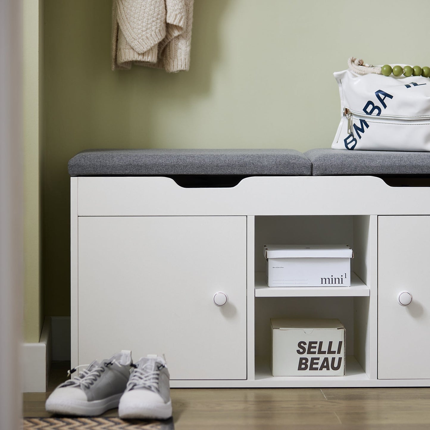 Banc SoBuy, Banc à chaussures avec 2 armoires, 100 x 34 x 48 cm, Blanc/ Gris