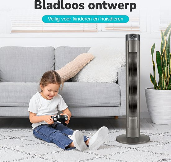 Ventilateur de tour Bloomfold - 38 pouces - Gris - Télécommande - Mode veille - Minuterie 12 heures - Affichage LED complet