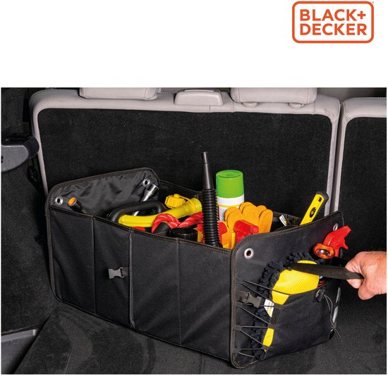 Boîte de rangement BLACK+DECKER pour coffre de voiture - 59 x 36 x 30 cm - 2 compartiments - Compartiments latéraux supplémentaires - Avec poignées - Noir