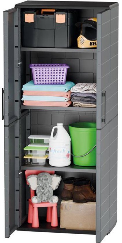 Armoire haute - TOOD - 2 portes + 3 étagères en polypropylène - 68 x 37 x H.163 cm - Gris