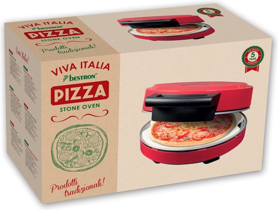 Four à pizza Bestron Turbo pour des pizzas prêtes en 5 à 10 minutes, four à pizza électrique avec une température maximale réelle de 320 °C, livré avec une pierre à pizza et 2 grandes spatules en bois, Viva Italia, couleur : rouge